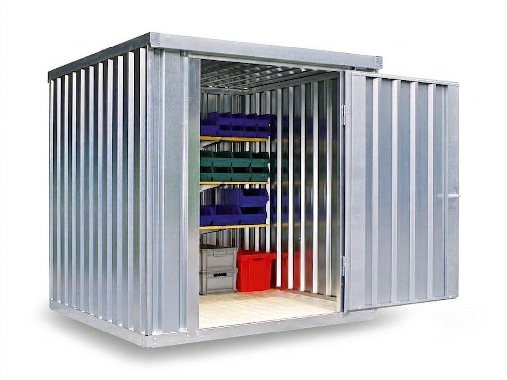 Materialcontainer MC 1200, verzinkt, zerlegt, mit Holzfußboden, 2100 x 2170 x 2150 mm, Einflügeltür auf der 2 m Seite