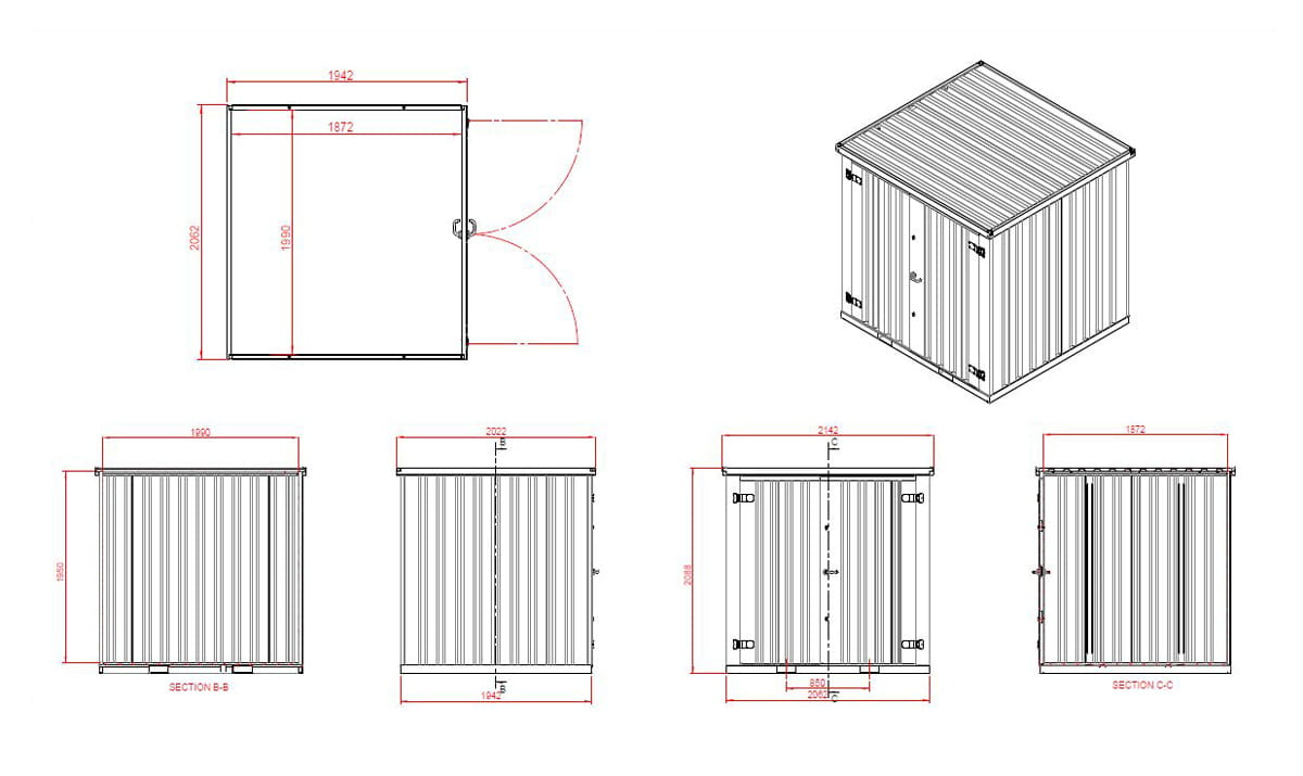 Container MC2, lackiert RAL 7021 Schwarzgrau, H 2090 x B 2142 x T 2022 mm, Tür stirnseitig zweiflügelig – Bild 7