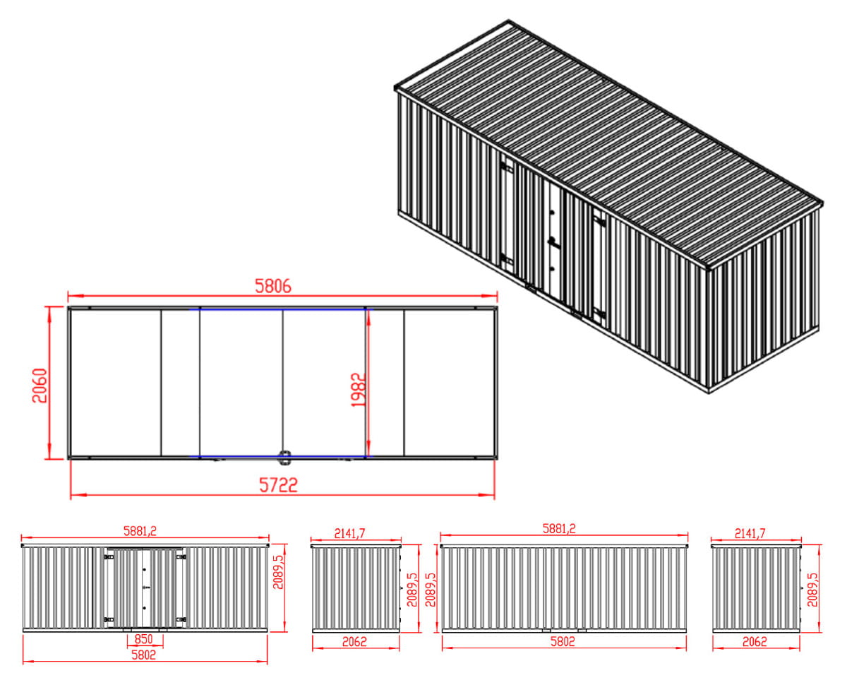 Materialcontainer MC6, lackiert RAL 7016 Anthrazitgrau, H 2090 x B 2142 x T 5882 mm, Tür längsseitig zweiflügelig – Bild 9