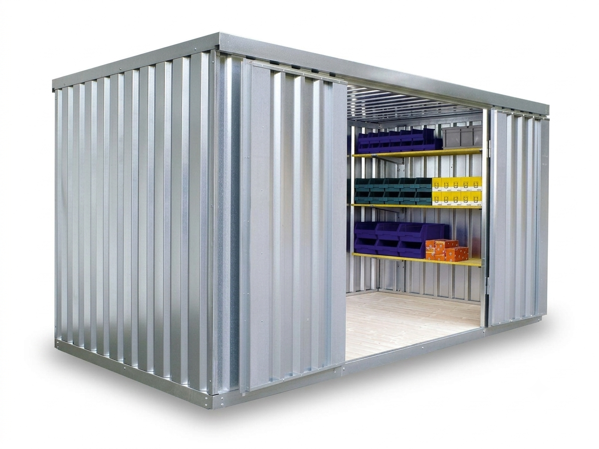 Materialcontainer MC 1400, verzinkt, zerlegt, mit Holzfußboden, 4050 x 2170 x 2150 mm, Einflügeltür auf der 4 m Seite