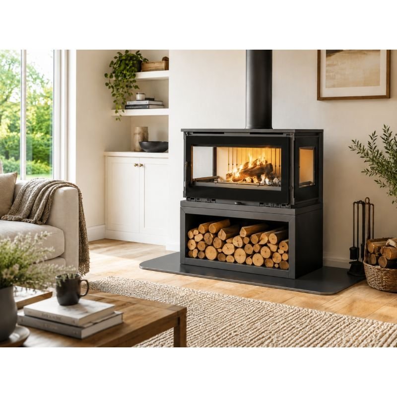 Poêle à bois raccordable 3 vitres avec bûcher – FIREMATIC Calgary – S 12.5 kW